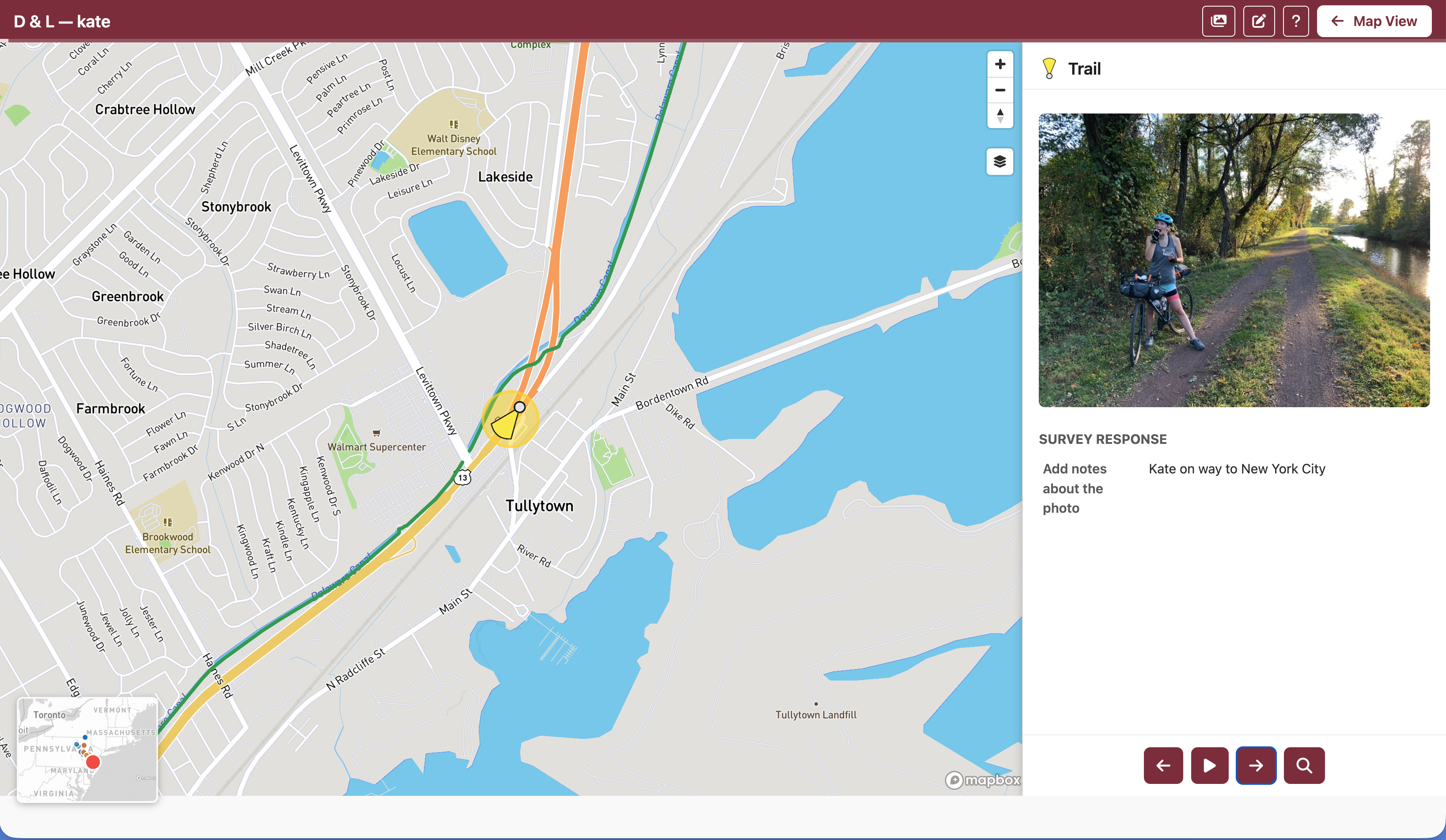 Presentation mode showing a location with map context and survey data